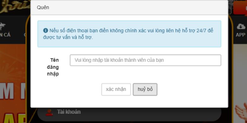 Người chơi điền tên tài khoản để khôi phục mật khẩu